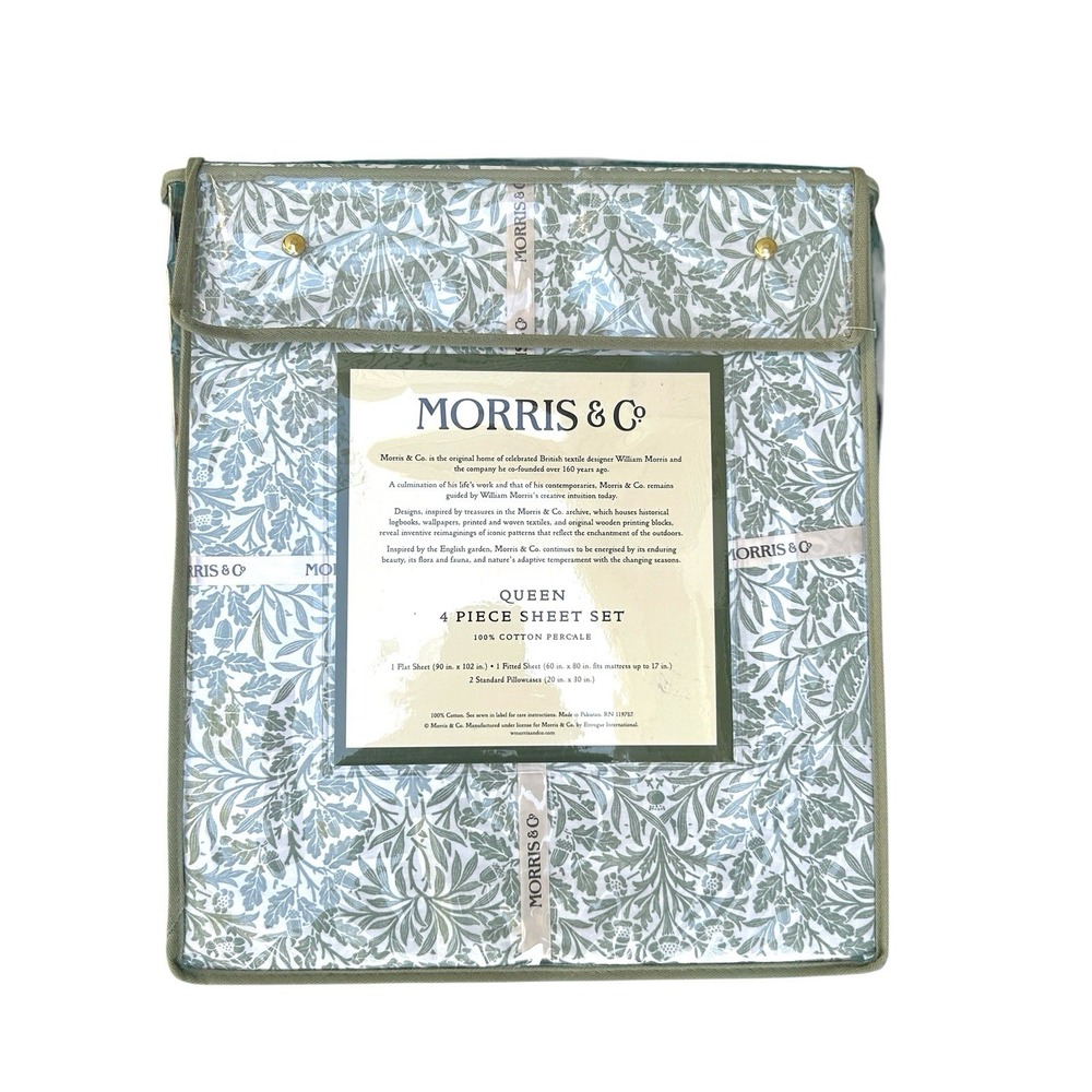 William Morris & Company Queen Sheet Set Green Botanical Acorns 4pc Flowers Leaf